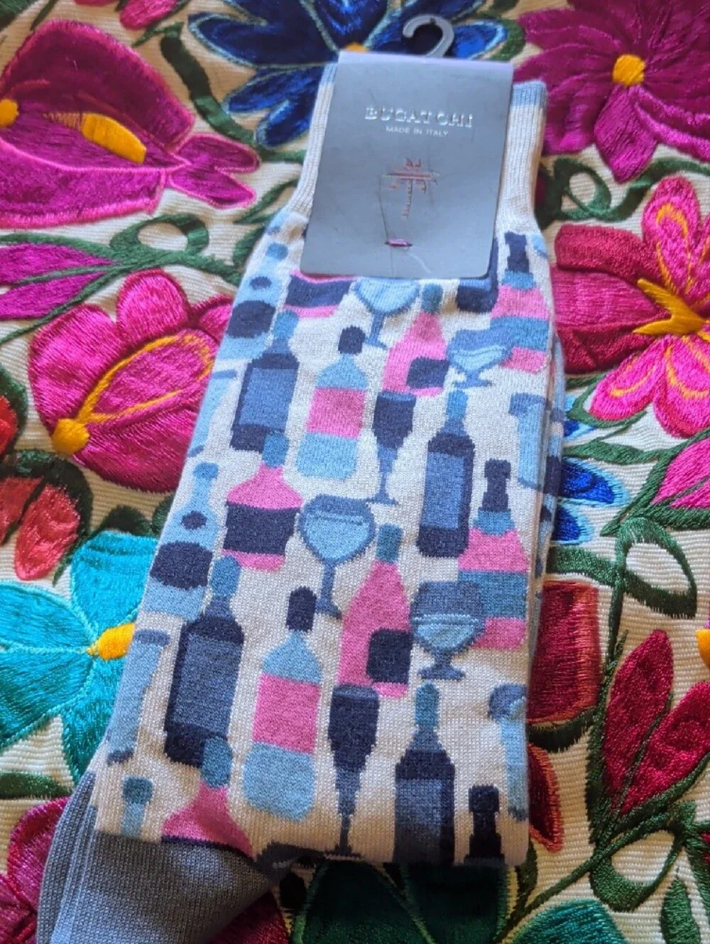 Bugatchi Bottle-Print Crew Socks in Blue, Pink & White